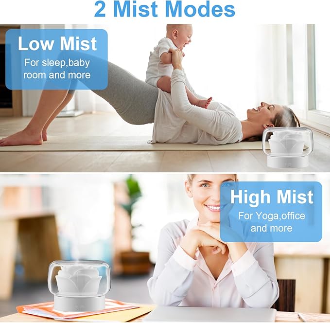 Essential Oil Diffuser Humidifier 2-in-1 Cool Mist Aromatherapy Diffuser with 7 Colors Night Lights Waterless Auto-Off Humidifier for Home Bedroom Office Yoga (White)