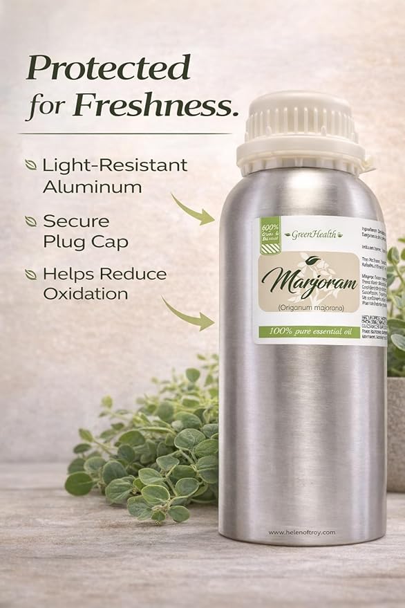 Marjoram Essential Oil 16 fl oz (473 ml) – 100% Pure & Undiluted Origanum majorana – Bulk Aromatherapy Oil for Diffuser, Massage, Soap & Candle Making – Aluminum Bottle w/Plug Cap – GreenHealth