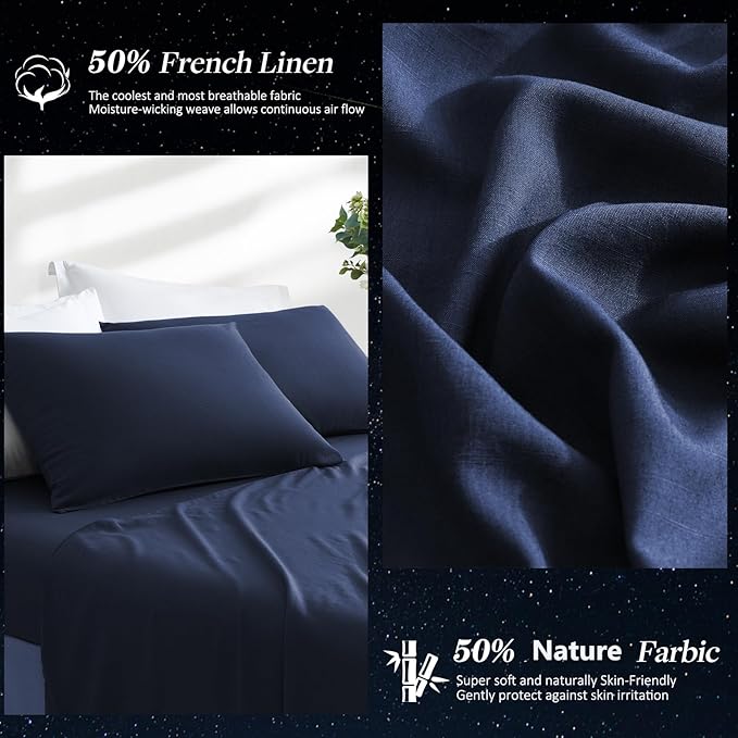 LUXEAR Pillow Cases, 2 Pack Standard Size Linen Pillowcases for Hair Skin, Silky Skin-Friendly, Machine Washable Pillow Covers - Navy Blue