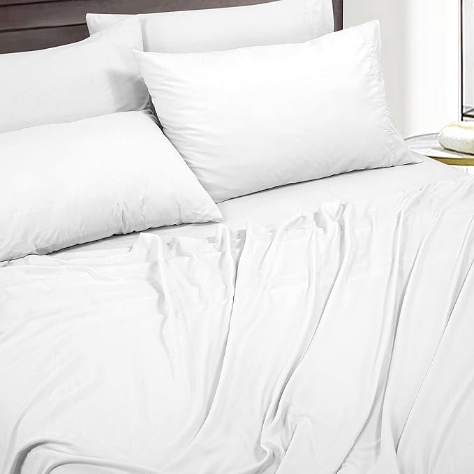 ROYALE LINENS 1500 Thread Count Poly/Cotton Cooling Sateen Sheet Set - 6 Piece Queen Bed Sheets - 1 Fitted, 1 Flat, 4 Pillow Cases -Soft Cool & Crisp Sheet Set (Queen, Bright White)