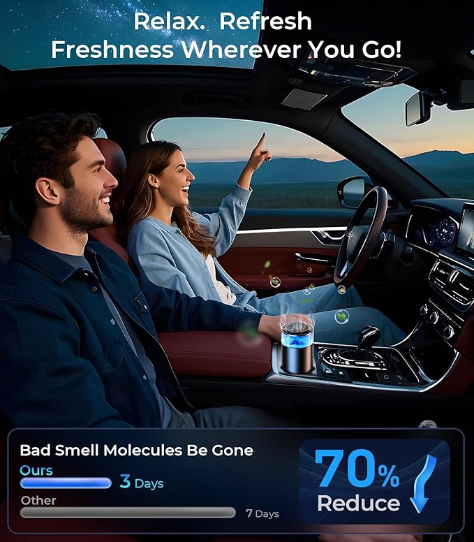 Hitolza Smart Car Air Fresheners, Ambient Light & Mist Fragrance, Auto On/Off Car Air Freshener Diffuser, Adjustable Intensity, Lasts 6 Months, Built-in Battery, Premium Scents Refill X2 - Sakura