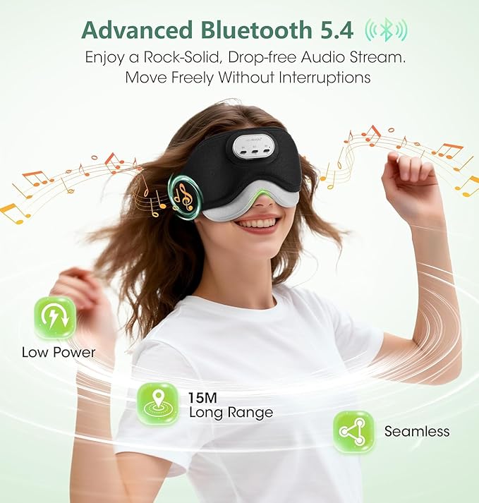 LC-dolida Voice Control Bluetooth Sleep Mask, Bamboo Cotton Bluetooth Sleep Headphones with 3D Zero-Pressure Cups and Timer Setting, Total Blackout Sleep Eye Mask for Side Sleepers (Black)