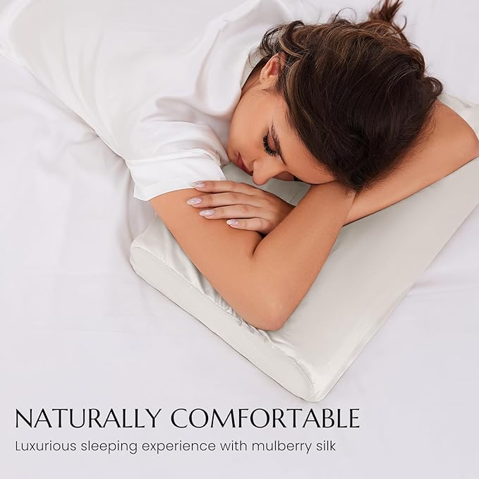 THXSILK 19 Momme 100% Mulberry Silk Pillowcase for Contour Memory Foam Pillow, Contour Pillow Case Cover, Cervical Pillow Case, Pack of 1(Natural White, 24"x14"x4.7"/3.9")
