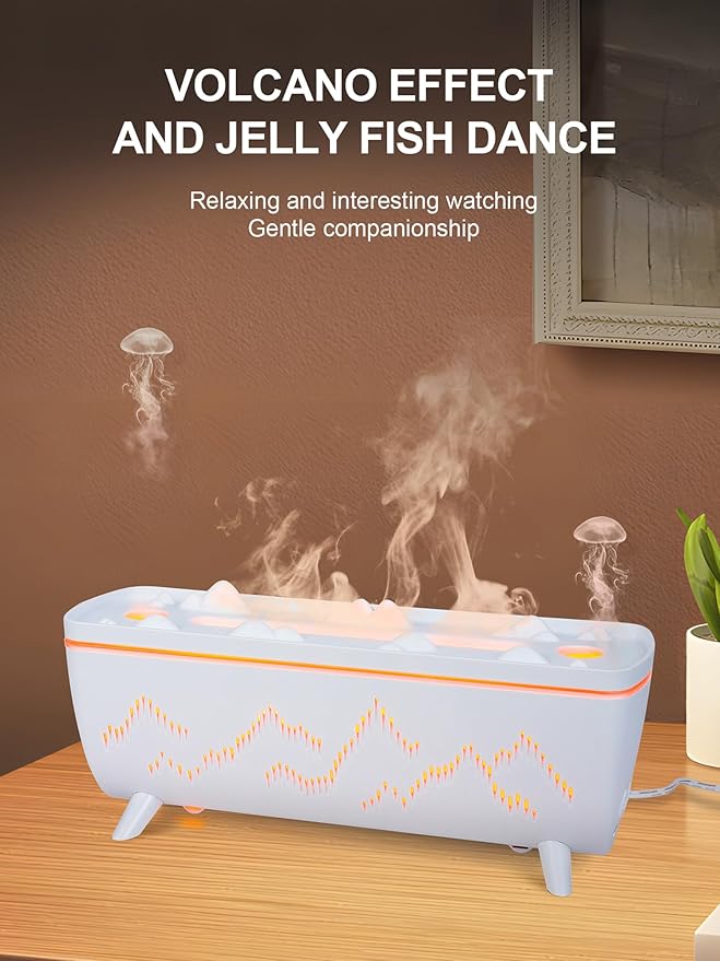 280ML Volcano Jellyfish Diffuser: Low Noise 2 Ring Holes with Timer - Aromatherapy Aroma Humidifiers for Bedroom Office Hotel - Essential Oil Flame Air Diffuser Leak-Proof