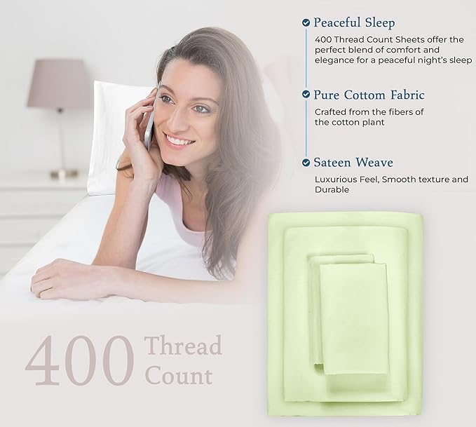 ROYALE LINENS 400 Thread Count 100% American Grown Cotton 4 Piece Sateen King Sheet Set - 1 Fitted Sheet, 1 Flat Sheet, 2 Pillow case - Green King Bedsheet - Cotton Sheets - (King, Florentine Sage)