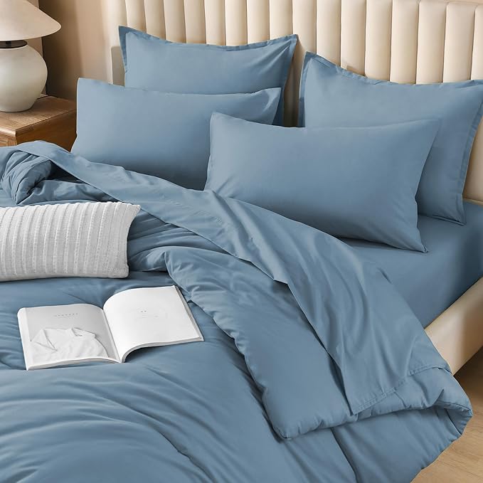 Litanika Twin XL Comforter Set Dusty Blue - 5 Pieces Twin Extra Long Bed in a Bag for College Dorm, All Season Bedding Set for Girls and Boys, Soft Bed Set with Comforter, Sheets, Pillowcase & Sham