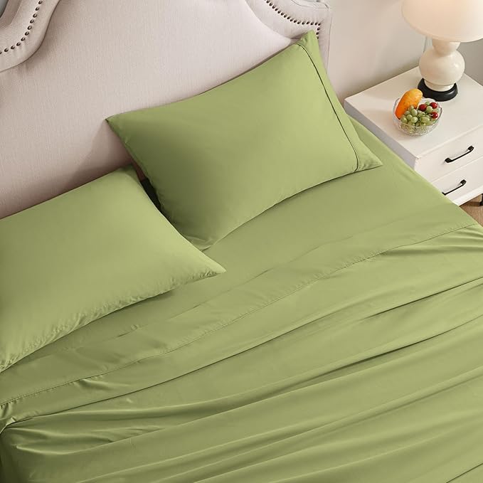Twin Sheets Set, 3 Pieces Hotel Luxury Soft Microfiber Bed Sheets Set, Up to 16" Deep Pockets, Oeko-Tex Sheets with Elastic, Breathable, Wrinkle Free (Green, Twin)