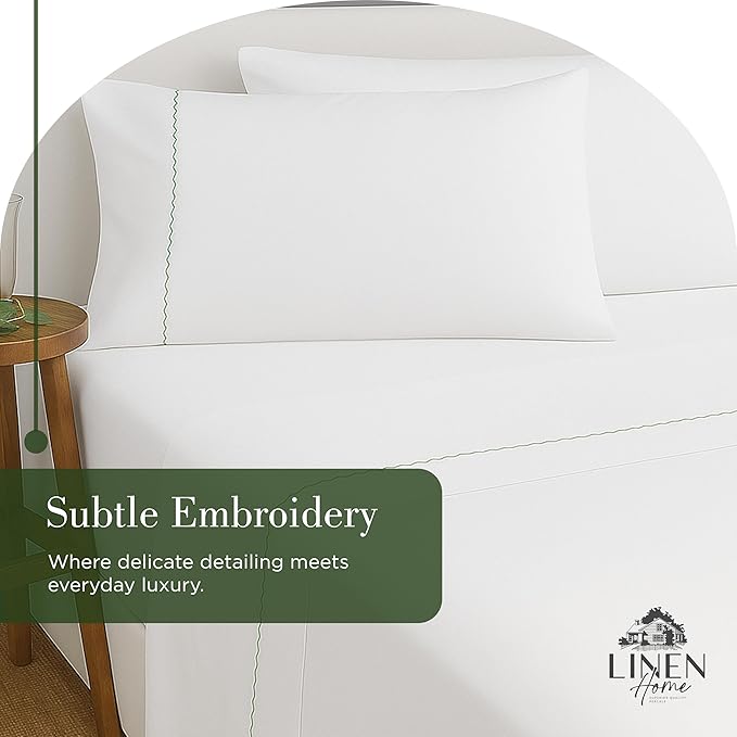 Linen Home 100% Cotton Percale Moon Scallop Hem Pillowcases Queen/Standard Size, Olive Green, 2 Pieces of Pillow Case, Crisp and Cool Strong Bed Linen, 20 inches X 30 inches