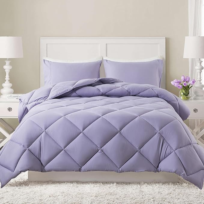 Decroom Lightweight Queen Comforter Set with 2 Pillow Sham - 3 Pieces Set - Quilted Down Alternative Comforter/Duvet Insert for All Season - Lavender - Queen Size