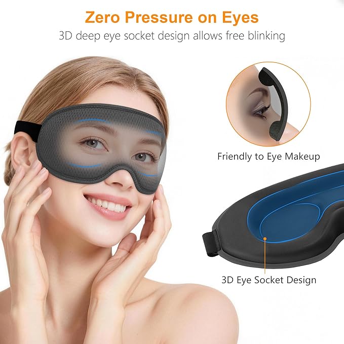 Gritin 100% Blackout Sleep Eye Mask for Side Sleeper Men Women, Zero Eye Pressure 3D Contoured Cup and Eyelash Friendly Sleeping Mask, Ergonomic-Dark Grey