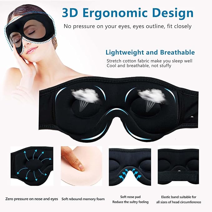 Sleep Eye Mask for Men Women, 100% Light Blocking 3D Sleeping Mask, Soft Breathable Sleep Eye Mask with Adjustable Velcro for Flight Nap, Relaxing Zero Pressure Night Blindfold