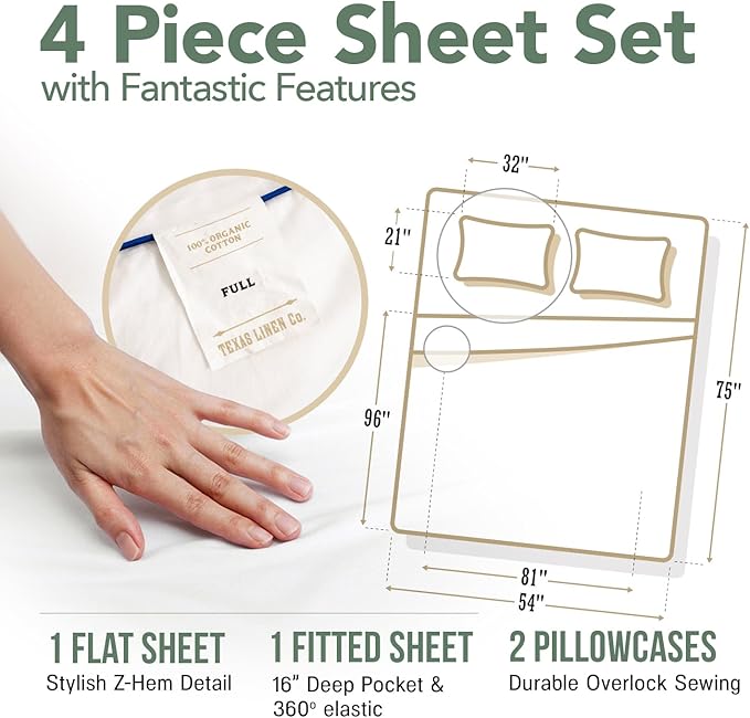 TEXAS LINEN CO. 100% Organic Cotton Percale Sheets Full Size - White, 4 Piece Set, Soft & Crisp, Cooling, 16" Deep Pocket Hotel Sheets
