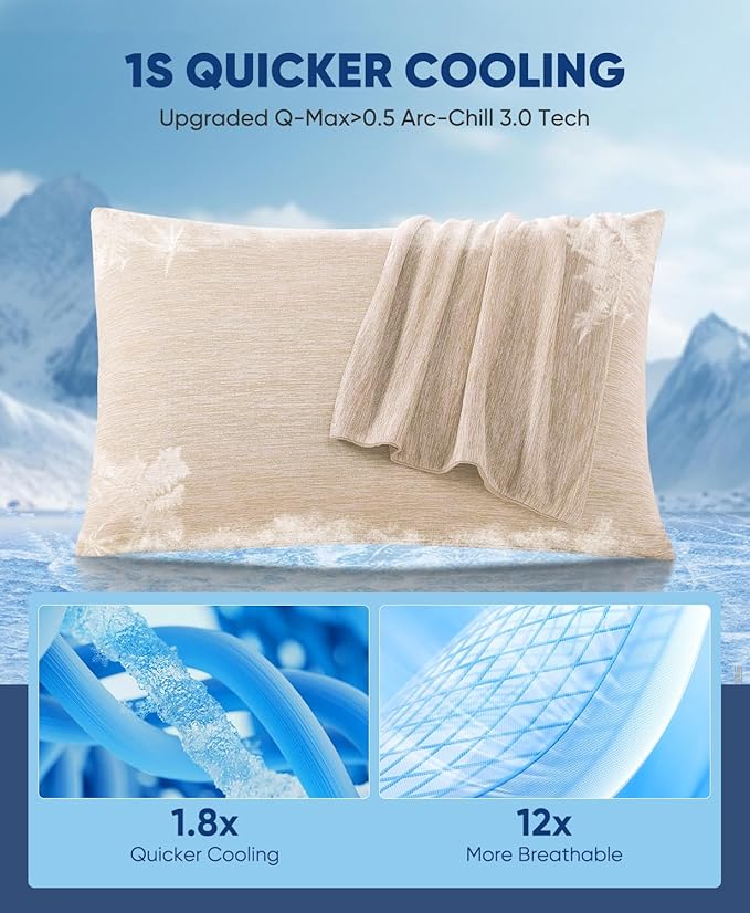 LUXEAR 2 Pack Cooling Pillow Cases for Hot Sleepers, Arc-Chill Q-Max > 0.5, Hair & Skin Friendly, Double-Sided, Machine Washable, Hidden Zipper, Gift for Women & Men, 20x26,Beige