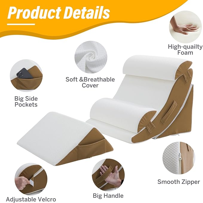 Wedge Pillow Set for After Surgery – 5PCS Orthopedic Bed Wedge Pillow Set for Sleeping, Body, Back and Leg Pain Relief Comfortable & Adjustable Support Pillows-Anti Snoring (Coffee)