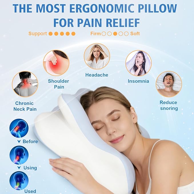 Extended Cervical Neck Pillow for Pain Relief, Ergonomic Contour Side Sleeper Pillow for Sleeping, Orthopedic Memory Pillow for Neck Support, Cooling Adjustable Pillow for Back and Stomach Sleeper