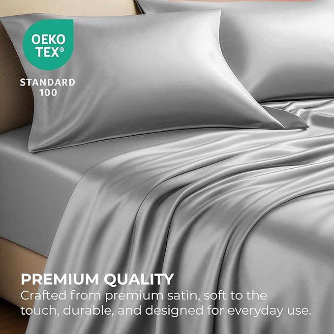 Satin Sheets King [4-Piece, Grey] Hotel Luxury Silky Bed Sheets - Extra Soft 1800 Microfiber Sheet Set, Wrinkle, Fade, Stain Resistant - Deep Pocket Fitted Sheet, Flat Sheet, Pillow Cases