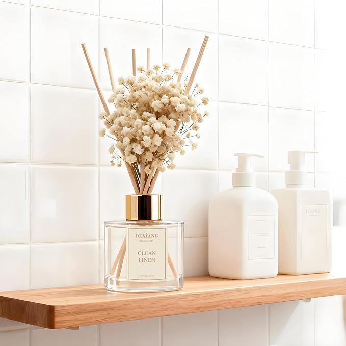 Reed Diffuser Set - 3.38 fl Oz Clean Linen Scent Aromatherapy Oil with Preserved Baby's Breath & Cotton Sticks | Home Fragrance for Bedroom, Bathroom, Living Room | Gift Ready Decor