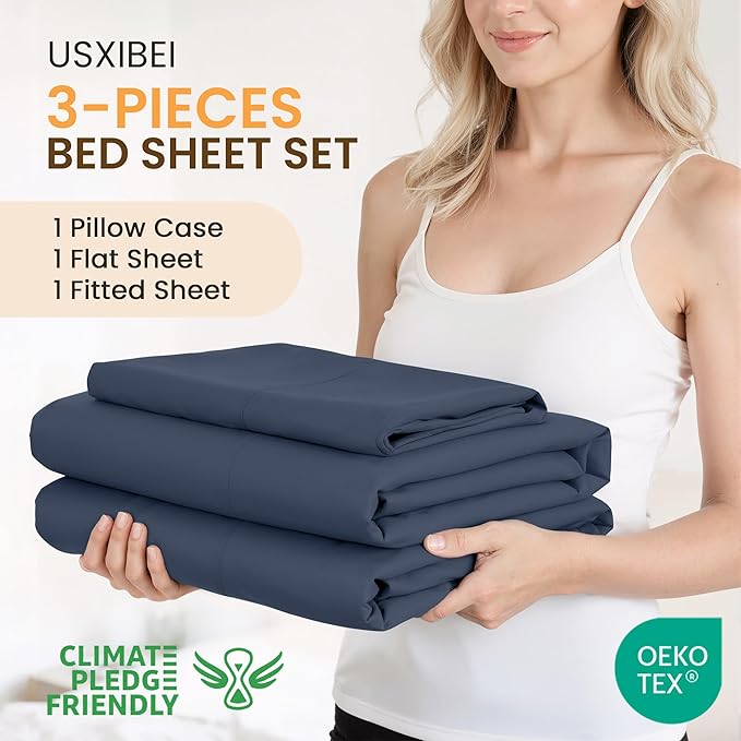Twin Size 3 Piece Bed Sheet Set - Ultra Imitation Cotton-Premium Breathable & Cooling Sheets - Hotel Luxury Bed Sheets Deep Pocket up to 15"- Wrinkle, Fade, Stain Resistant (Navy Blue, Twin)