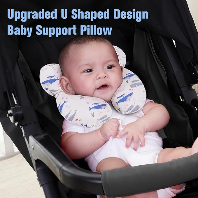 KAKIBLIN Baby Travel Pillow,Upgraded Baby Neck Pillows for Car Seat,Support Pillow,Infant Pillows for Head and Neck,Newborn Head Support for Car Seat,Stroller, Pushchair (Whale)