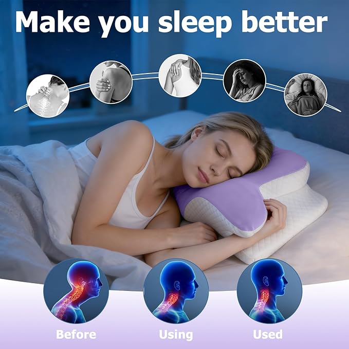 Memory Foam Neck Pillow - Adjustable Orthopedic Contour Pillow for Neck & Shoulder Support, Odorless, Side Back Stomach Sleeper Friendly, Enhanced Spinal Alignment - Light Purple