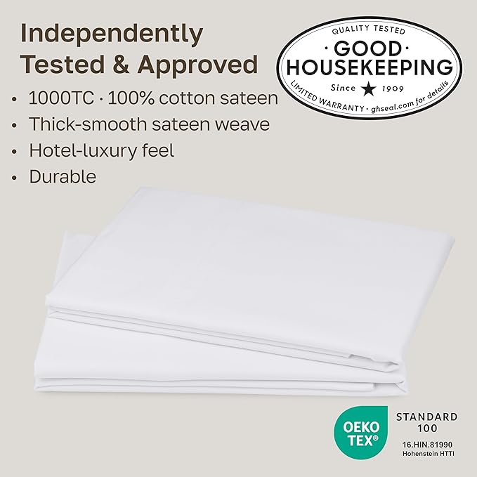 California Design Den King Size Pillow Cases Set of 2-1000 Thread Count Sateen, Soft and Thick 100% Cotton King Pillowcase Pair, Durable - White