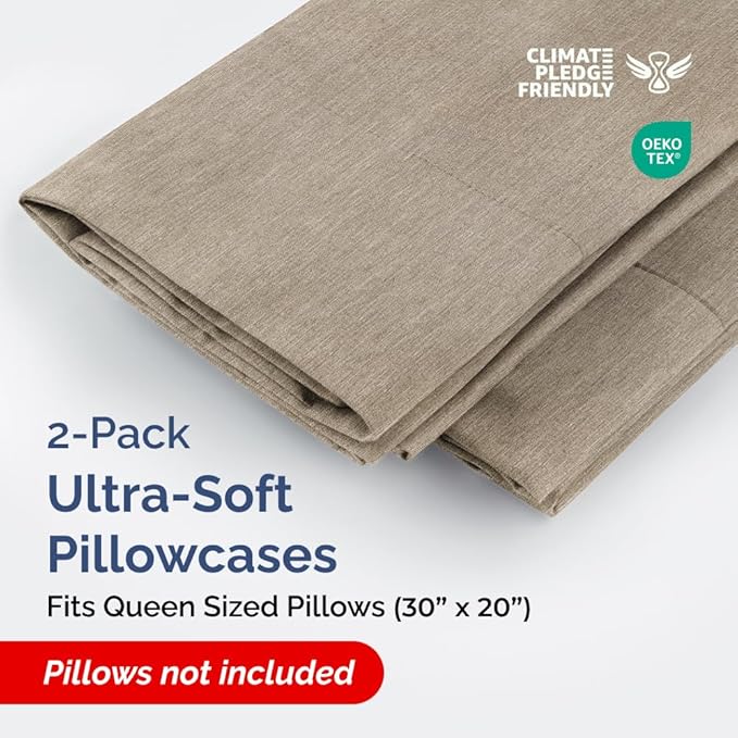 Queen Pillow Cases Set of 2 - Ultra Soft Hotel Quality Pillowcase Covers - Comfy, Cozy & Wrinkle Free - Shrinkage & Fade Resistant - Machine Washable Pillow Protectors - 2 Piece Set - Heathered Beige