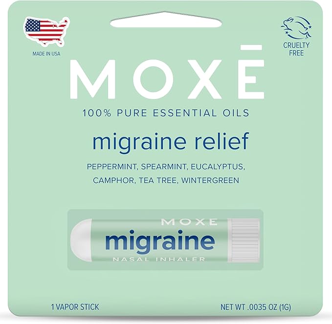 MOXE Migraine Relief Nasal Inhaler, Essential Oils for Headaches & Tension Relief, Portable Aromatherapy, Easy-to-Use, Pure & Undiluted, Peppermint, Spearmint, Eucalyptus, Tea Tree, USA Made, 1 Pack