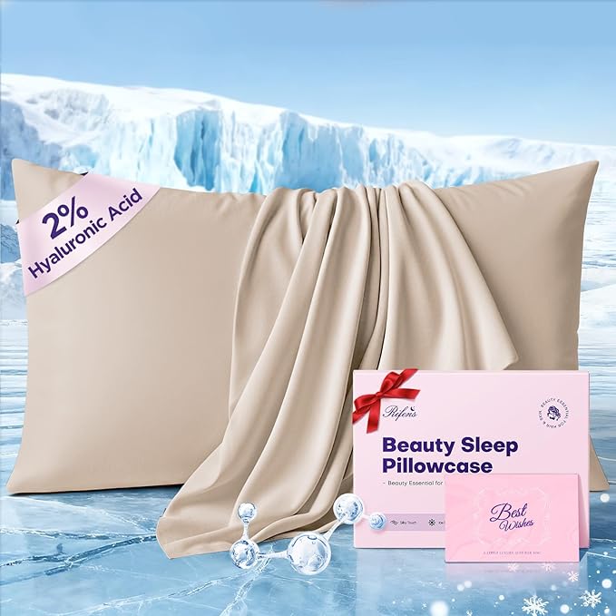 Instant Chill Cooling Pillowcase for Hot Sleepers, 2% HA Infused Pillowcase Hydrates Skin & Hair, Reduces Wrinkles & Frizz, Softer Than Silk Pillow Cases, Pillow Covers Queen (Beige, 1 Pack)