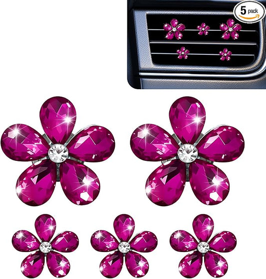 5PCS Bling Daisy Flower Car Air Vent Clips, Car Diffuser Vent Clip, Sparkling Crystal Rhinestone Cute Auto Air Conditioning Clamp, Diamond Air Outlet Clip Decor for Women Girls (Rose Red)