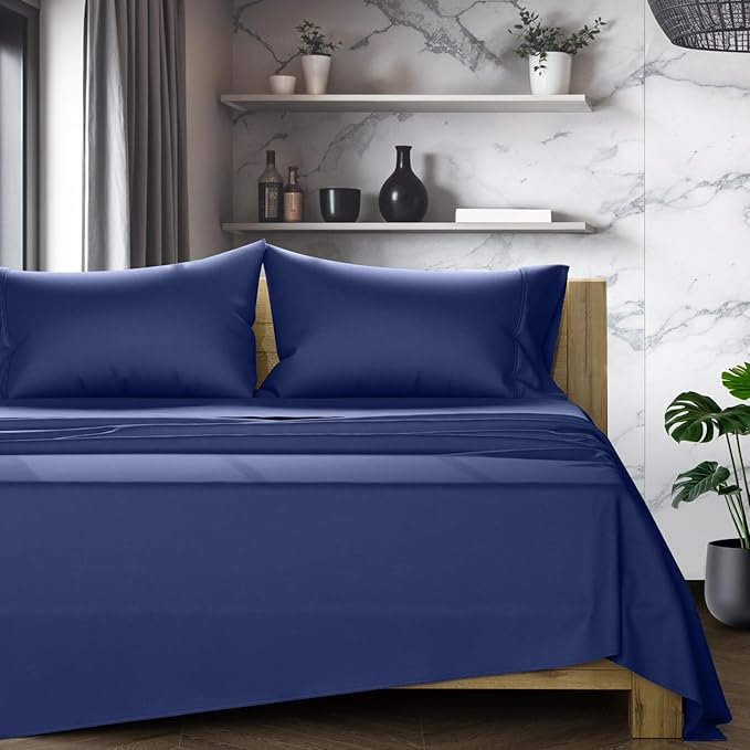 TEXAS LINEN CO. 100% Egyptian Cotton Sheets King Size Set - 1200 Series Star Sleepin' Collection Egyptian Cotton Luxury Sheets King Size (4 PC, Navy Blue), 17" Deep Pocket, Sateen Hotel Bedding Set