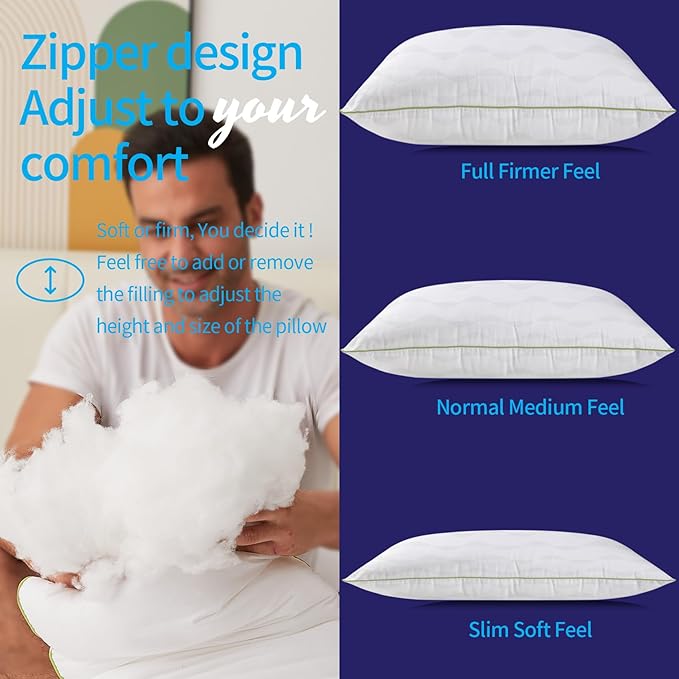 Bed Pillows King Size Set of 2,for Sleeping, Adjustable King Pillows 2 Pack with Zipper, Cooling Hotel Quality with Premium Soft Down Alternative Fill