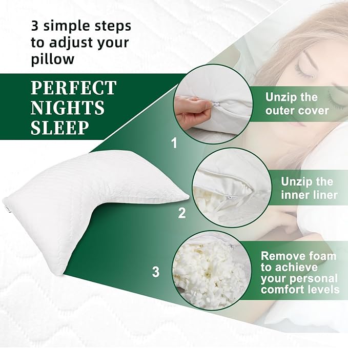 CHxxy Shredded Memory Foam Pillows – Adjustable Loft, Orthopedic Support for Side/Back Sleepers, Pressure Relief for Cervical Spine, Machine Washable (Queen Size)