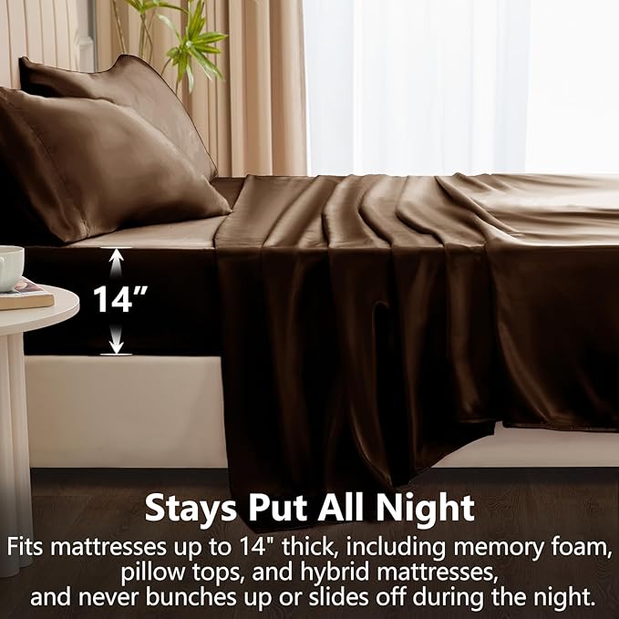 CozyLux Satin Sheets King Size Sheet Set - 4 Piece Silky King Sheets, Luxury Brown King Bed Set with Smooth and Soft Microfiber, Includes 1 Fitted Sheet, 1 Flat Sheet and 2 Pillowcases