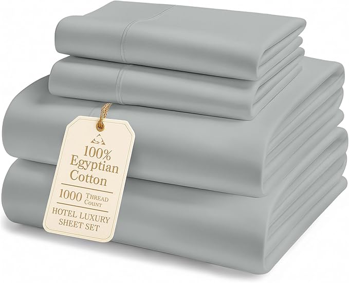 100% Egyptian Cotton Sheets Queen Size Set – 1000 Thread Count Silky Sateen Weave Sheets, 15" Secure Fit Deep Pocket Queen Sheet Set, Naturally Breathable, Hotel-Quality Luxury You Can Feel - Silver