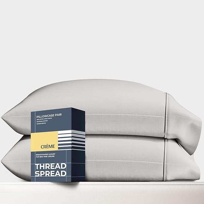 THREAD SPREAD 100% Egyptian Cotton King Size Pillow Cases Set of 2 - Luxury 1500 Series Pillow Cases King Size (Light Grey), Soft Cooling Envelope Closure Hotel Quality Egyptian Cotton Pillowcases