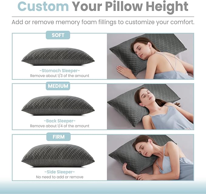 Bafode Memory Foam Pillows Queen Size Set of 2, Shredded Memory Foam Pillows, Cooling Pillow for Sleeping, Adjustable Bed Pillows for Side, Back and Stomach Sleepers