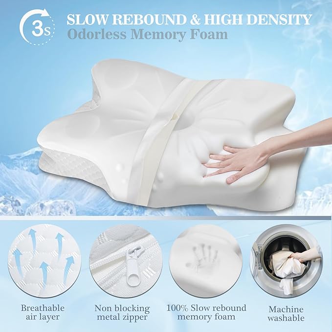 Cervical Neck Pillows for Sleeping & Pain Relief-Ergonomic Contour Memory Foam Pillow for Side/Back/Stomach Sleepers, 2 Heights with ICY Cooling White Silk Pillowcase - Gifts for Men & Women