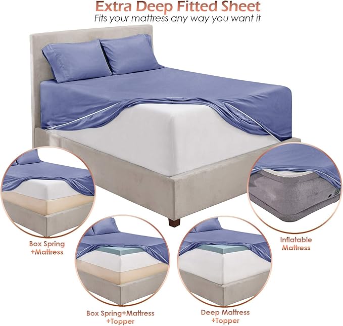 Hearth & Harbor Extra Deep Pocket Sheets - Fits Mattress 18-24 Inches Deep - Extra Deep Pocket Full Size Sets - 6 Piece Full Size - Full - Steel Blue