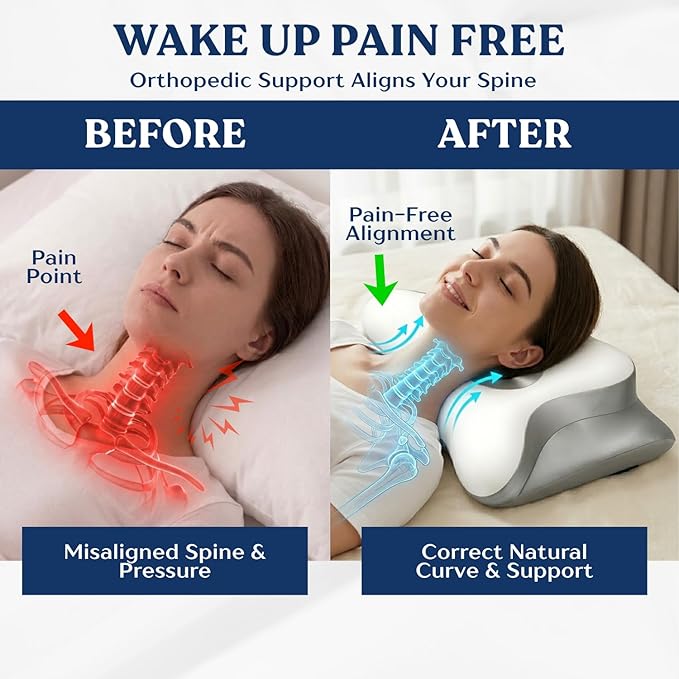 Ergonomic Cervical Neck Pillow for Neck Pain Relief, Side Sleeper Pillow, Orthopedic Pillow, Sleep Apnea Pillow, Cooling Cervical Neck Pillow, Butterfly Contour Pillow with Silk Cover & Travel Bag
