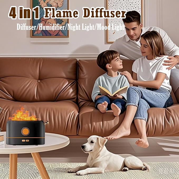 Ultrasonic Essential Oil Diffuser with Flame Effect, 200ml, Sleep Aid Humidifier, Auto Shut-Off, Night Light, Black