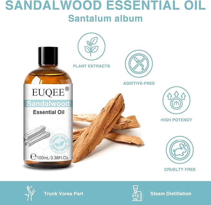 EUQEE 100ml Sandalwood Essential Oil, Pure Sandalwood Essential Oil for Diffuser, Massage, DIY Soap,Candle Making, Skin & Hair Care - 3.38 Fl Oz