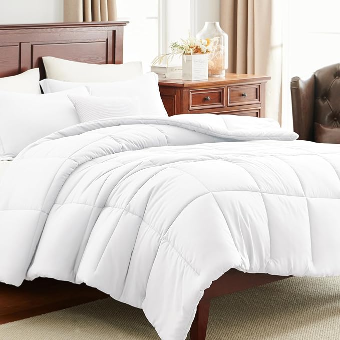 CozyLux Super King Plus Comforter Set, 3 Pieces White 128x120 Box Stitched Design Soft Bedding Set, All Season Lightweight Breathable Bed Set with 1 Down Alternative Comforter and 2 Pillow Shams