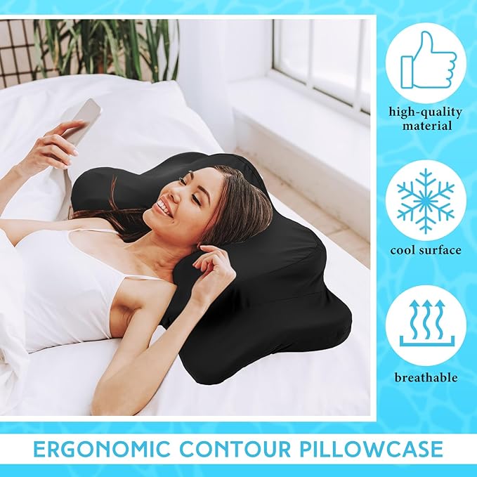 Hahafelt 2 Pcs Cooling Cervical Pillowcase with Zipper (Only Pillowcase) Ergonomic Cervical Neck Pillow Cover Breathable Cool Pillow Case for Side Back Stomach Sleepers(Black,Standard Size)