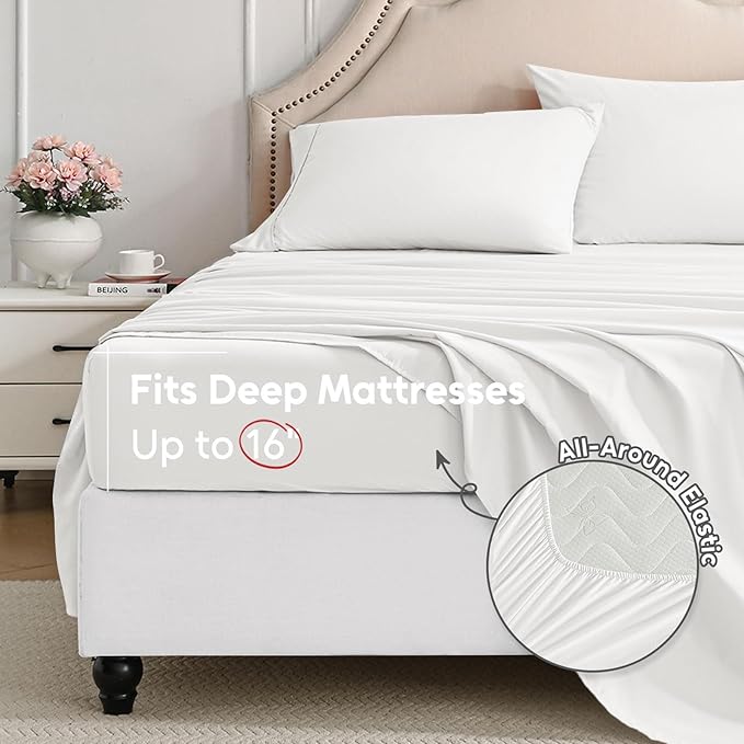 Full Size Bed Sheets Set, 4 Pieces Hotel Luxury Soft Microfiber Bed Sheets Set, Up to 16" Deep Pockets, Oeko-Tex Sheets with Elastic, Breathable, Wrinkle Free(White,Full)