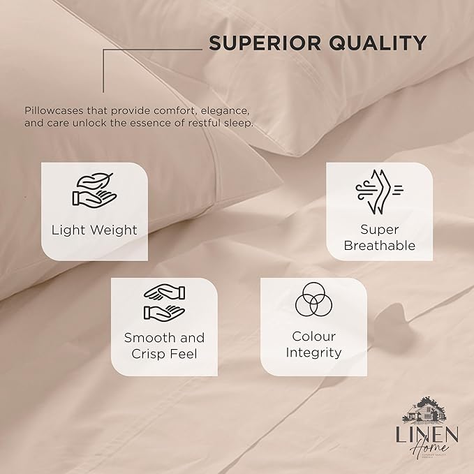 Linen Home 100% Cotton Percale Pillowcases Queen Size, Sand Shell, 2 Pieces of Pillow Case, Crisp and Cool Strong Bed Linen, 20 inches X 30 inches