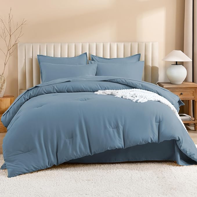 Litanika Twin XL Comforter Set Dusty Blue - 5 Pieces Twin Extra Long Bed in a Bag for College Dorm, All Season Bedding Set for Girls and Boys, Soft Bed Set with Comforter, Sheets, Pillowcase & Sham