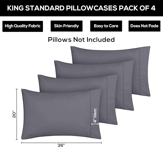 Utopia Bedding King Standard Pillow Cases - 4 Pack - Envelope Closure - Soft Brushed Microfiber Fabric - Shrinkage and Fade Resistant Pillow Covers 20 X 36 Inches (King Std, Grey)