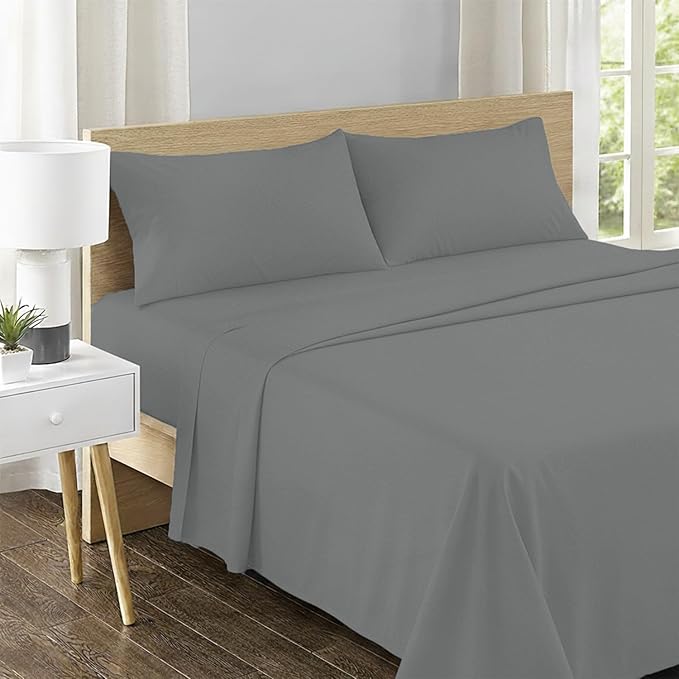Feather & Stitch 500 TC Queen Size 4pc Damask Bed Sheet Set, 100% Soft Cotton Breathable Bedsheets, 18" Deep Pockets Sateen Weave Solid Bedding Mattress Resort Hotel Luxury Decor - (Ash Grey)