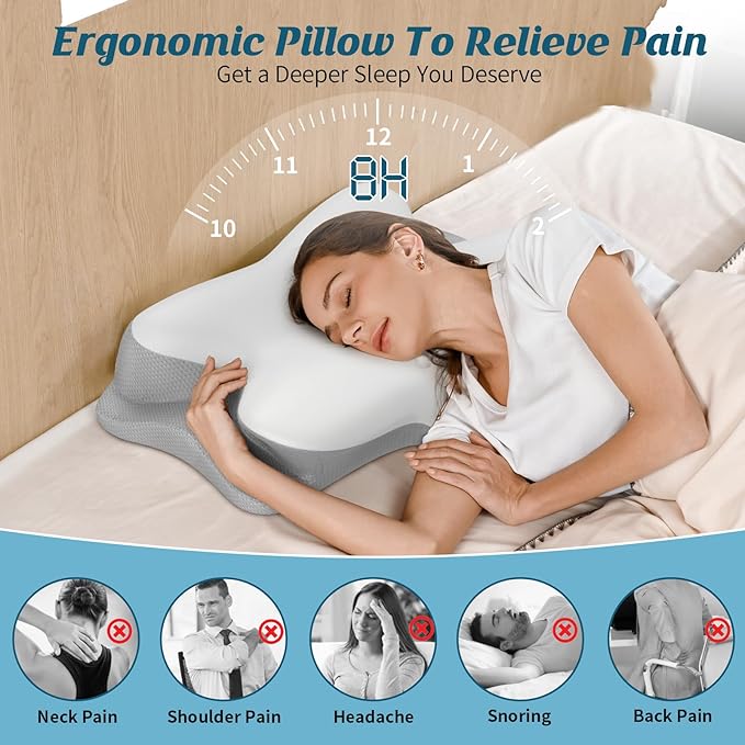 Cervical Neck Pillow - Cooling Pillow for Neck Pain Relief, Ergonomic Side Sleeper Pillow for Sleeping, Contour Orthopedic Memory Foam Pillows for Back & Stomach Sleepers with Pillowcase