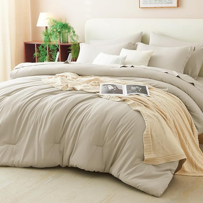 CozyLux King Size Comforter Set Oatmeal, 7 Pieces Bed in a Bag King Comforter Set with Sheets, Luxury Soft Bedding Sets with Down Alternative Comforter, Fitted Sheet, Flat Sheet, Pillowcases & Shams